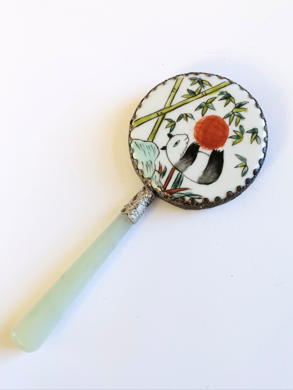 Vintage Hand Mirror Hand Painted Enamel Panda Jade Handle